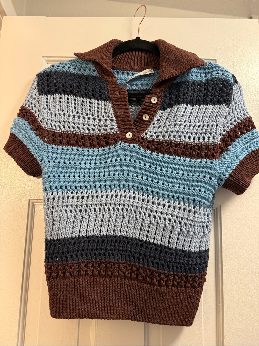 Like New Zara Striped Crochet Polo Sweater in Brown, Light Blue & Gray, Sz S